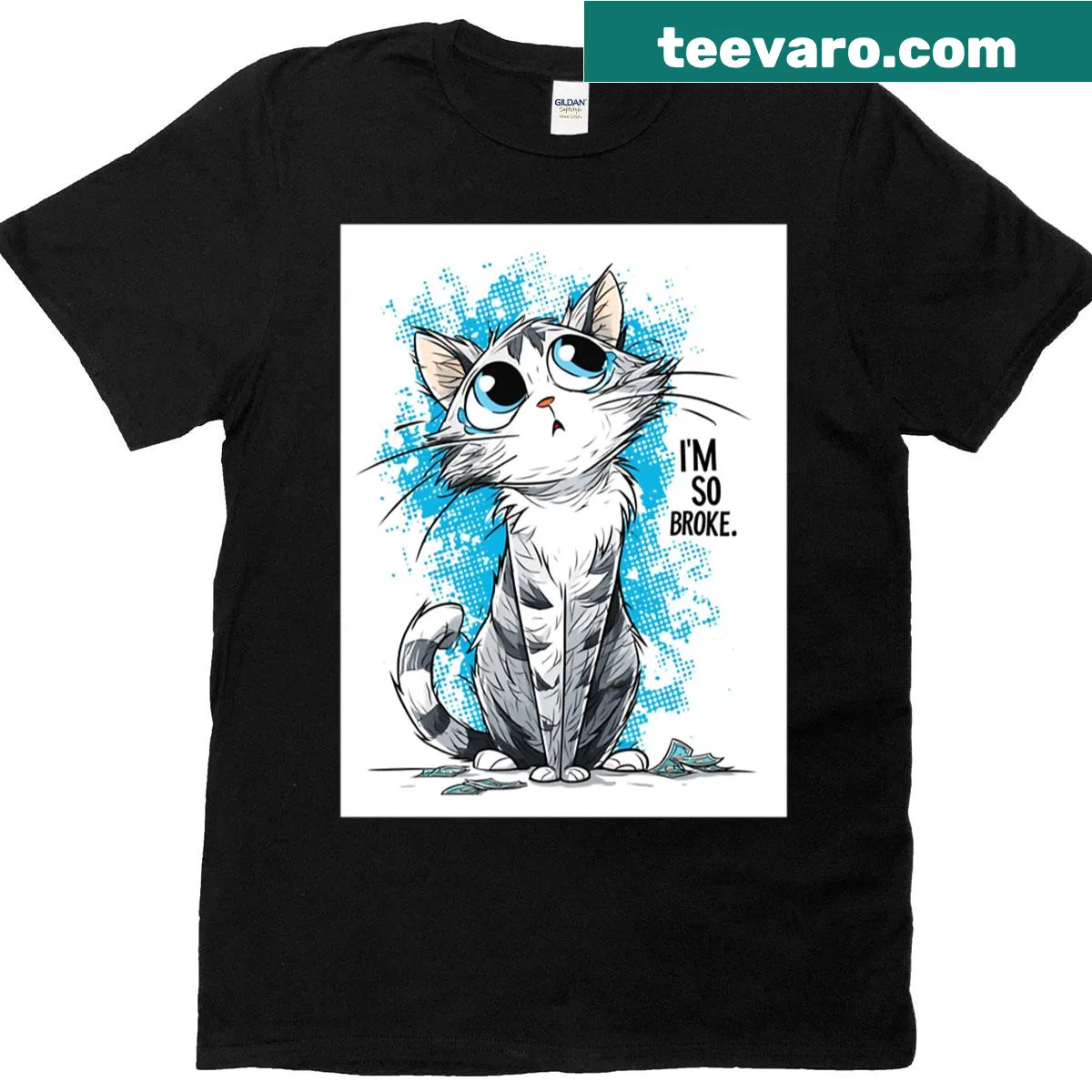 T-shirt with cartoon cat and the phrase 'I'm So Broke' — on a men's t-shirt