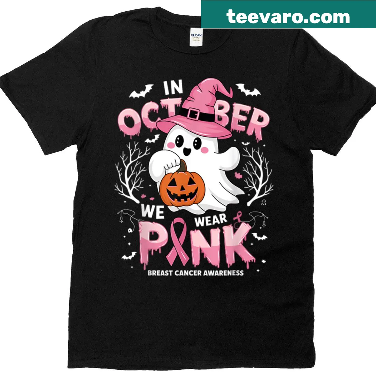 Funny Halloween t-shirt with a ghost and breast cancer awareness message — on a men's t-shirt