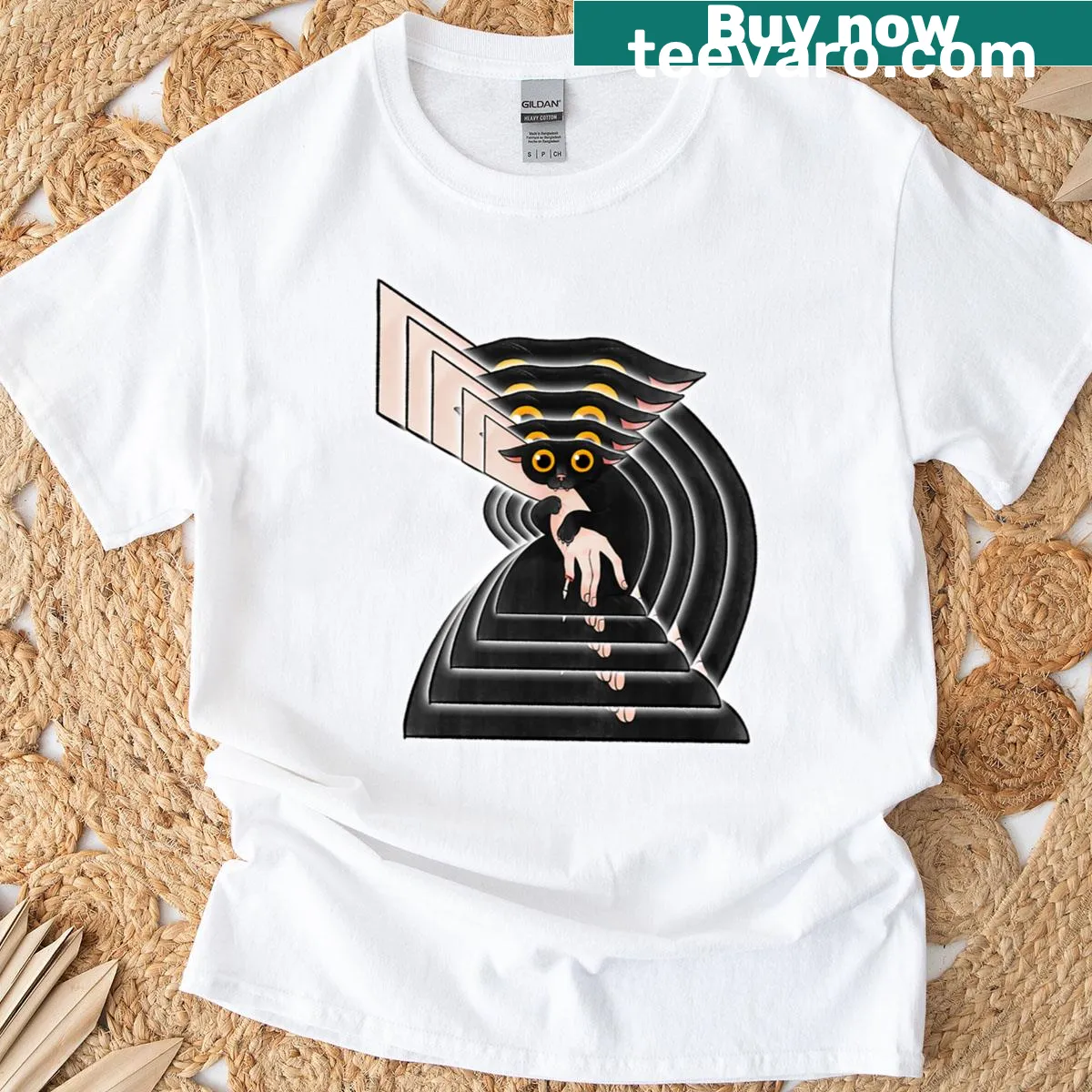 Trippy optical illusion design with black cats on a creative t-shirt — on a men's t-shirt