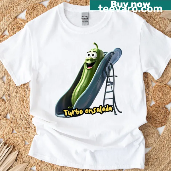 Oversized T-shirt featuring a cucumber sliding down a whimsical slide