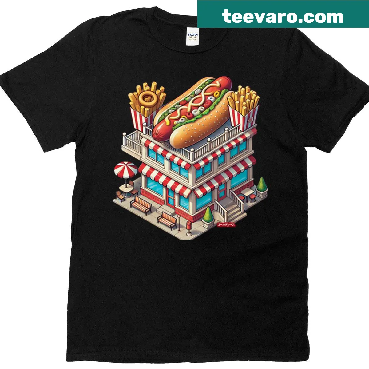 Isometric illustration of a hot dog fast food joint on a t-shirt — on a men's t-shirt