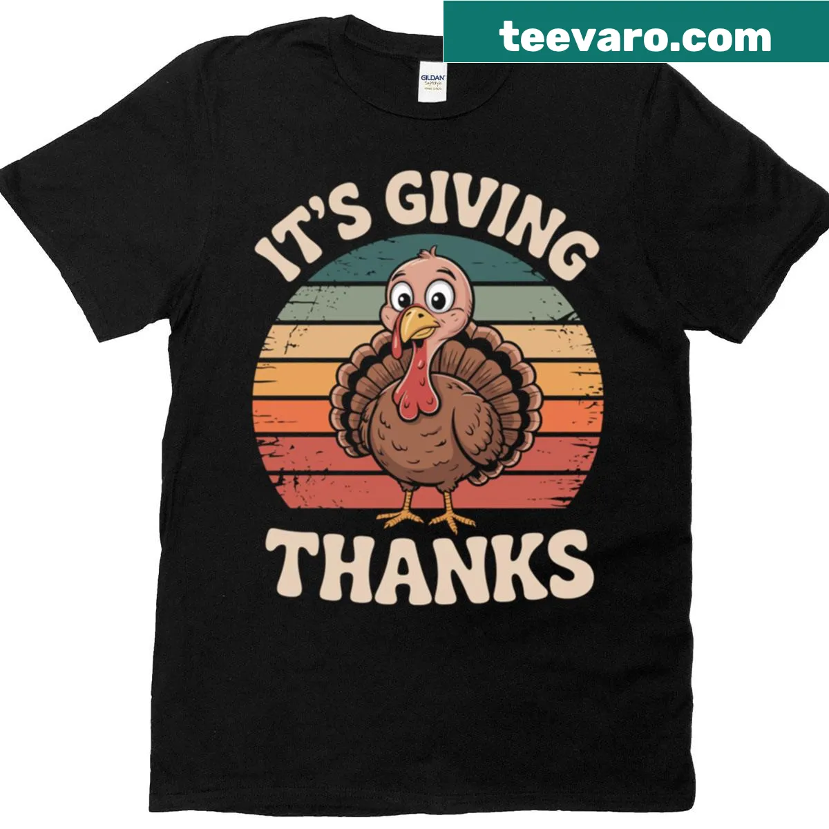 Vintage Thanksgiving T-shirt with a funny turkey against a sunset — on a men's t-shirt