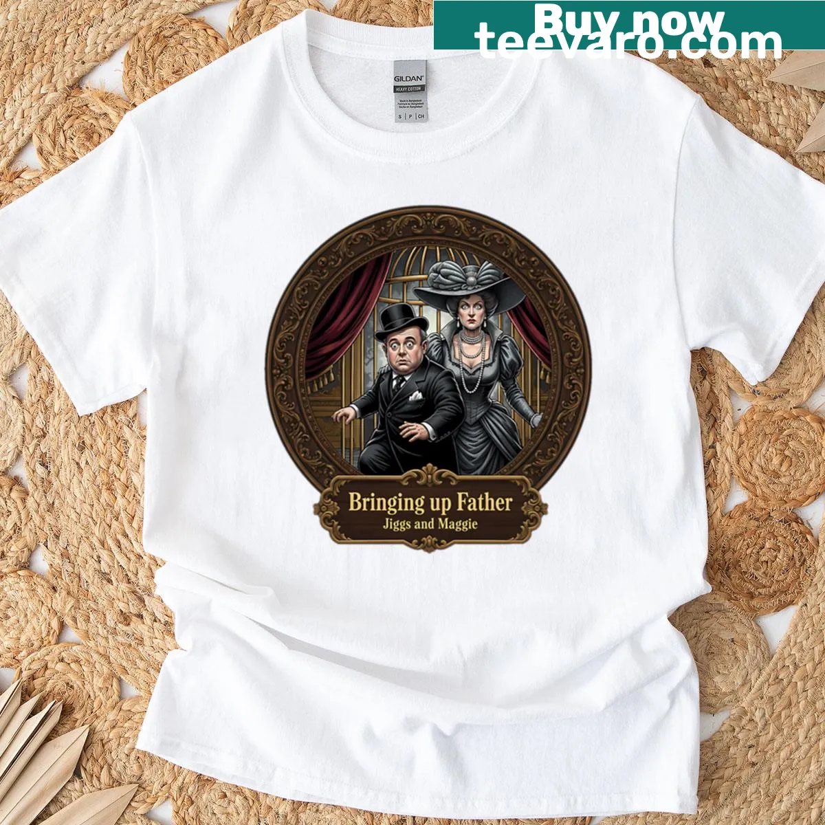 Vintage comic art featuring Jiggs and Maggie in a humorous scene — on a men's t-shirt