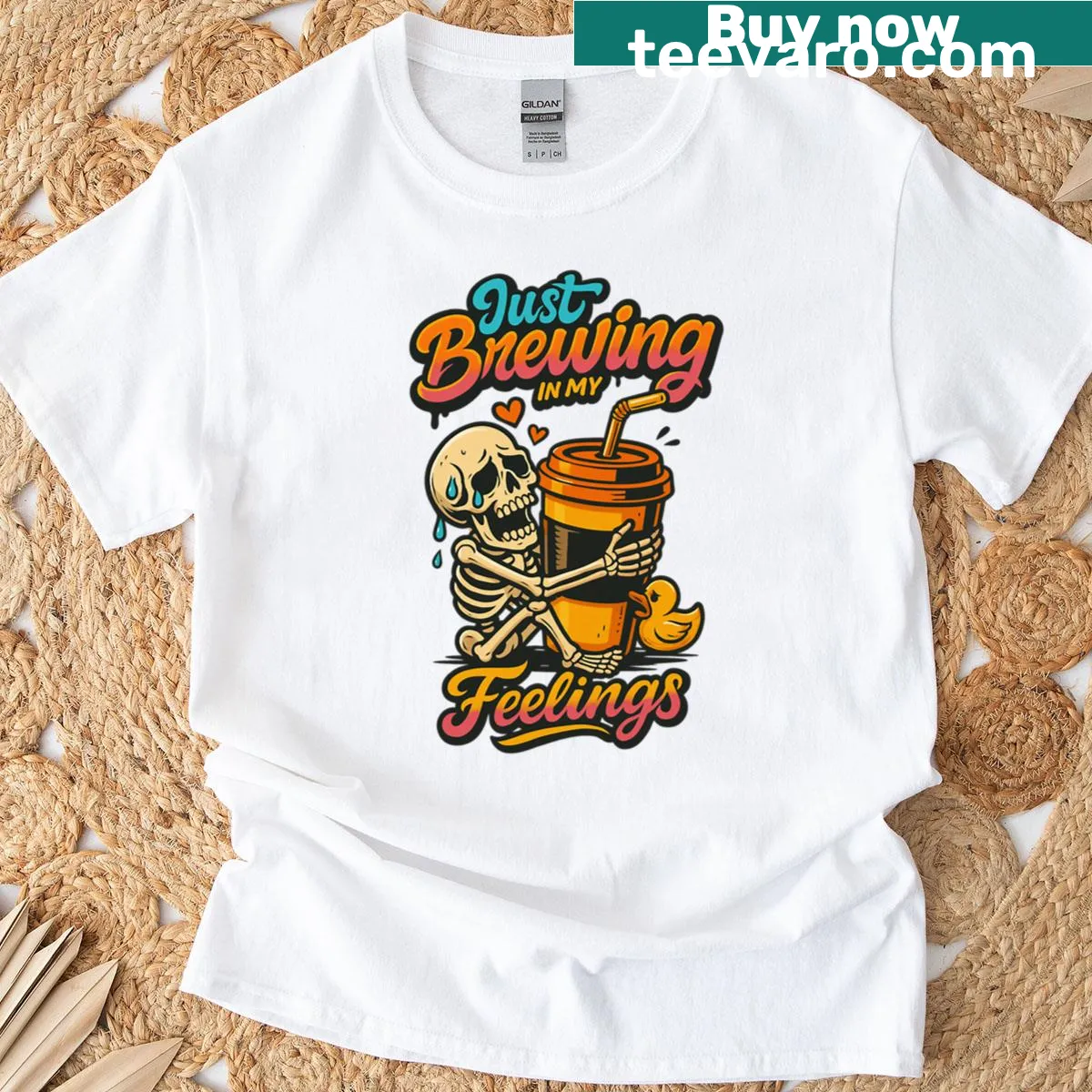 Cartoon skeleton brewing coffee with a humorous expression — on a men's t-shirt