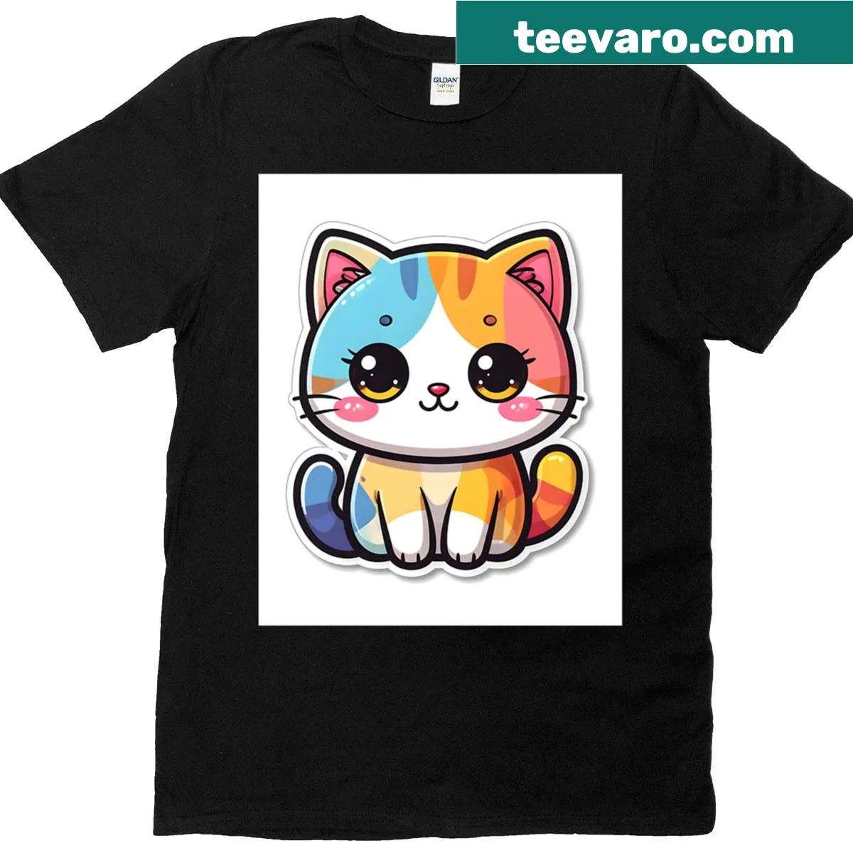 T-shirt featuring a kawaii cat sticker graphic design. — on a men's t-shirt