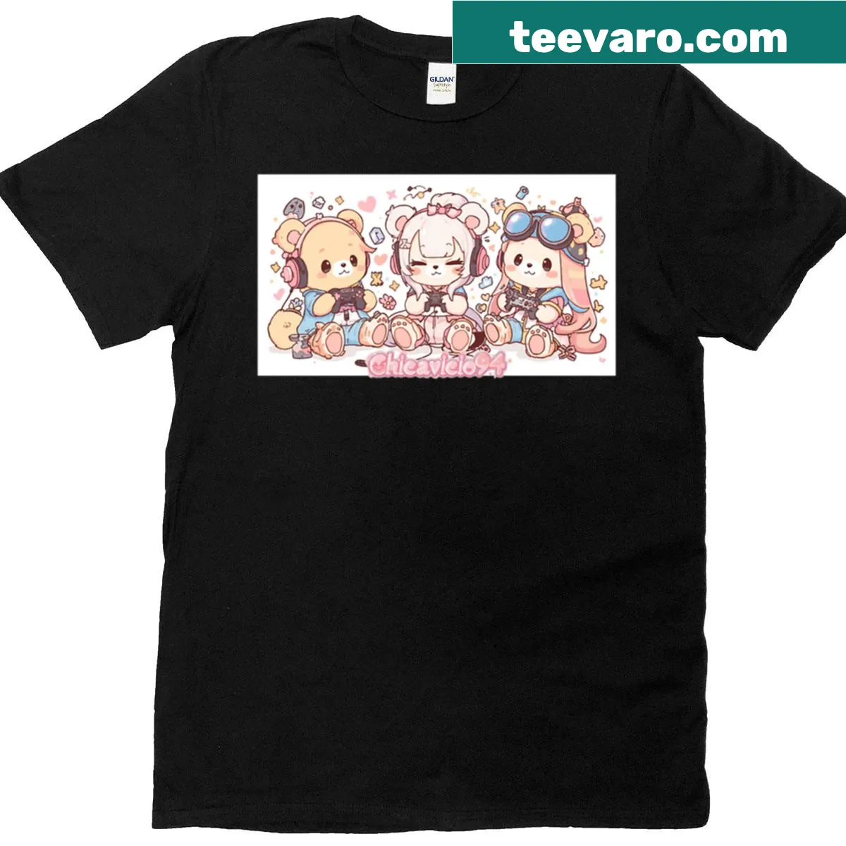 Cute gamer bears on a kawaii-style t-shirt — on a men's t-shirt