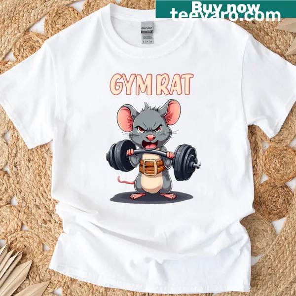 Cartoon mouse lifting weights in pastel colors on a T-shirt