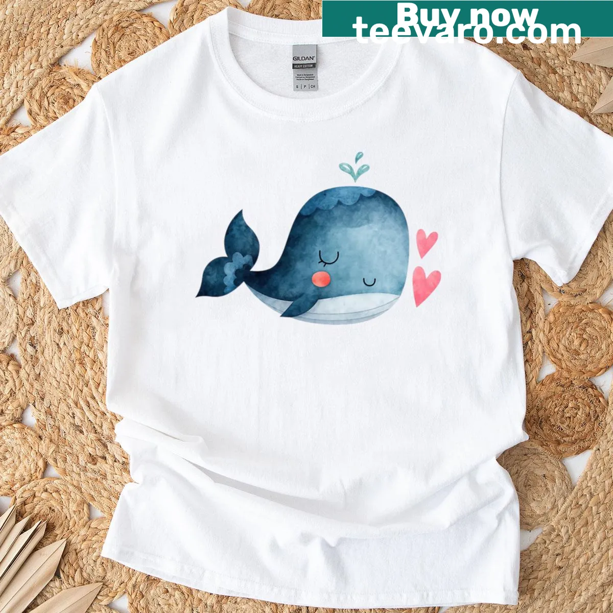 Oversized t-shirt with a kawaii whale, blush cheeks, and hearts illustration — on a men's t-shirt