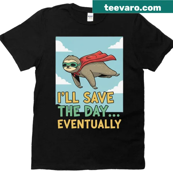 Cartoon graphic of a lazy superhero on an oversized T-shirt
