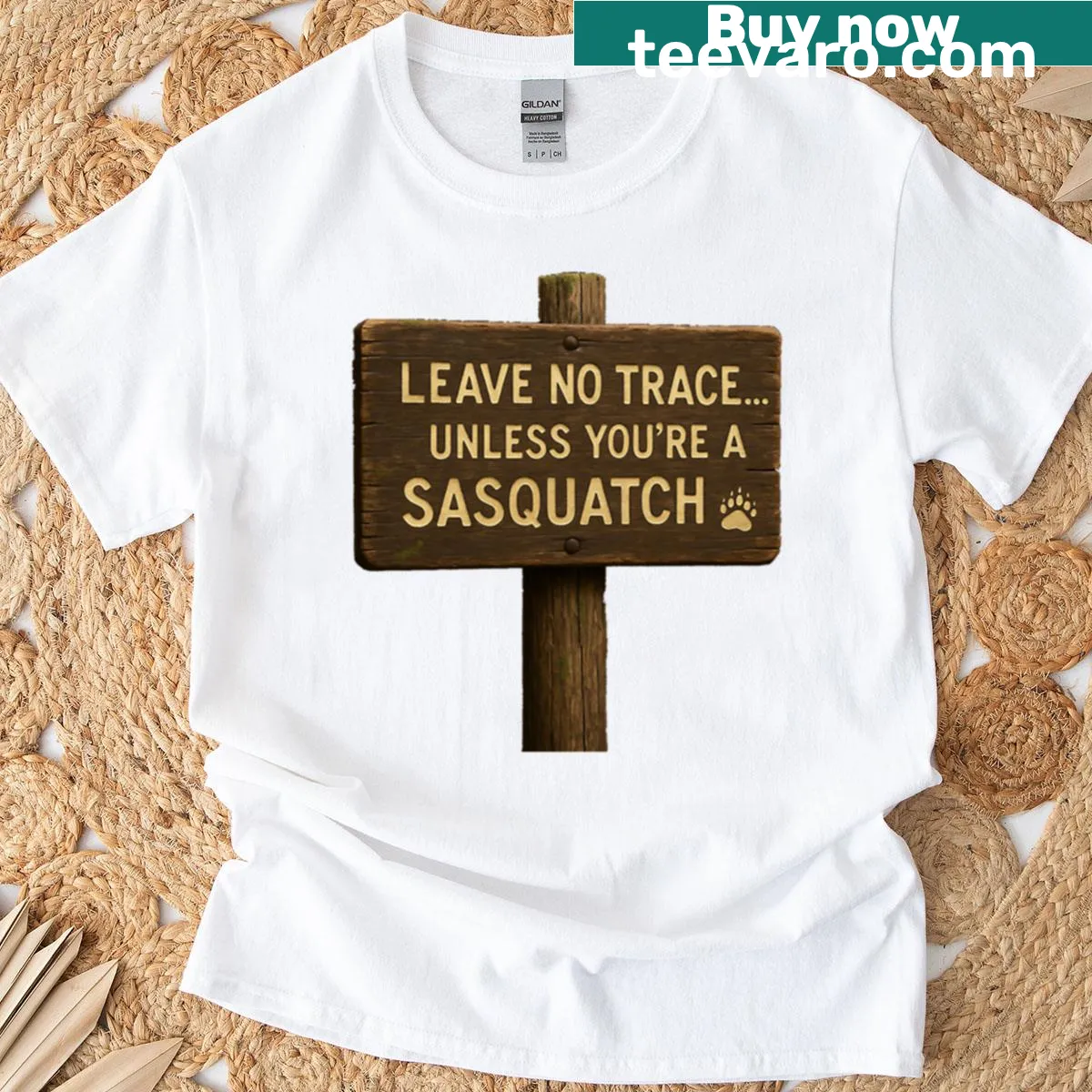 Vintage park sign style t-shirt with a Sasquatch humor design — on a men's t-shirt