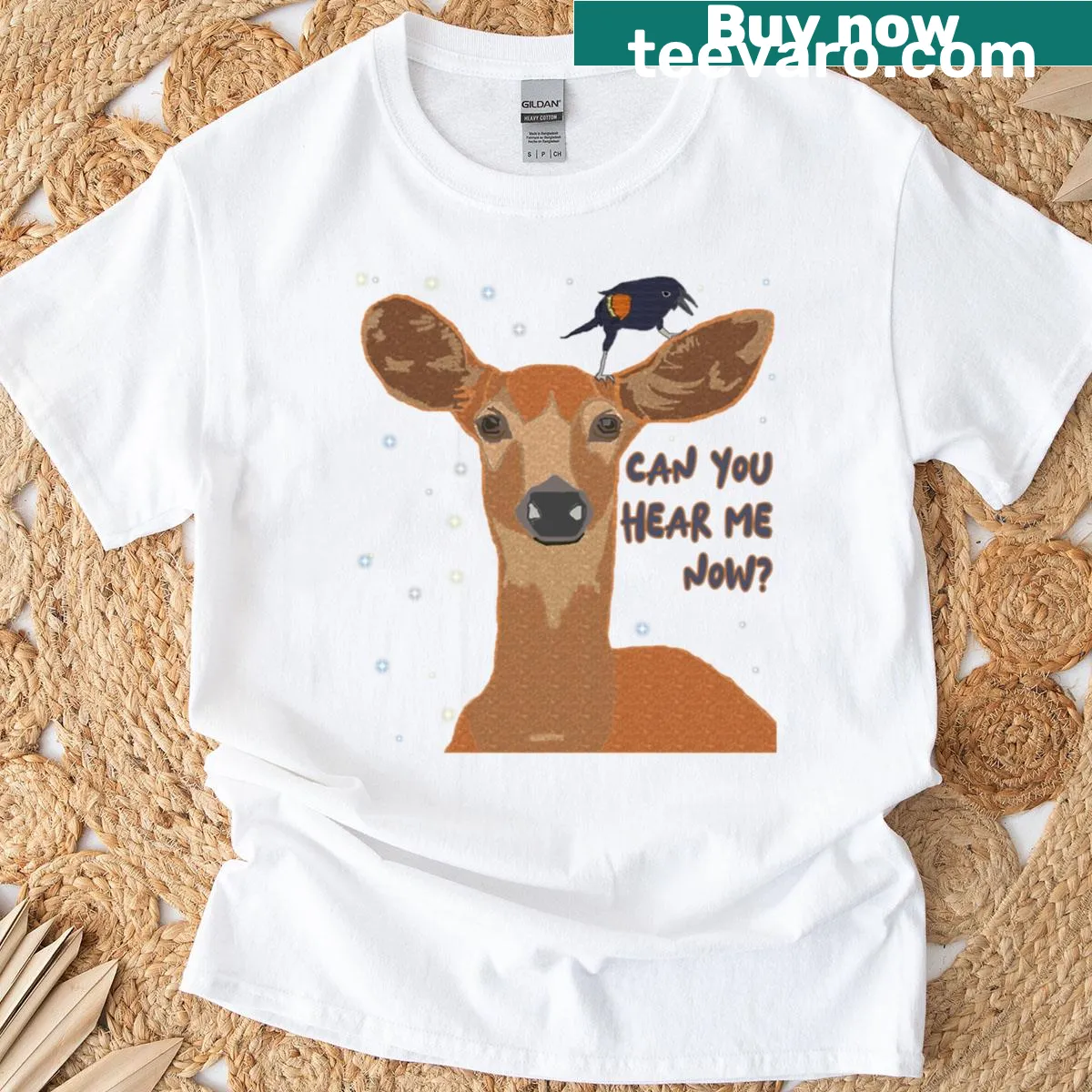 Illustration of a deer with the phrase 'Lend Me Your Ear' on a t-shirt — on a men's t-shirt