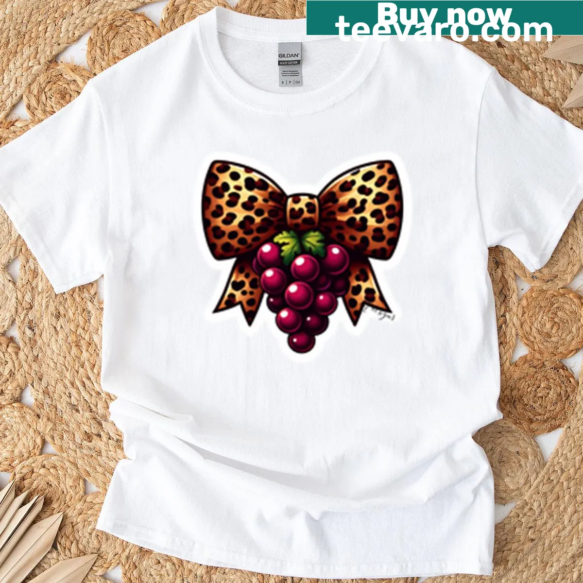 Leopard print bow and grapes graphic t-shirt for a playful look — on a men's t-shirt