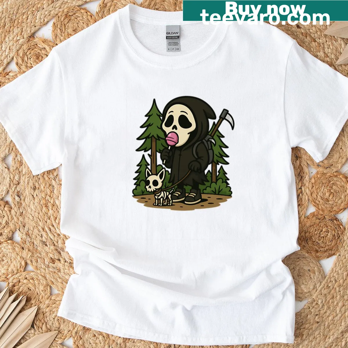 Whimsical T-shirt with little reaper and dog illustration — on a men's t-shirt