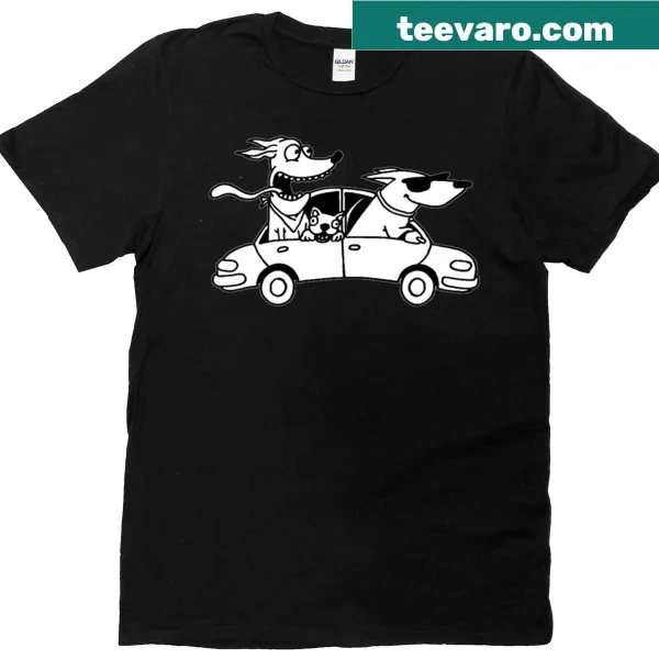 Cartoon of three dogs driving a car on a T-shirt