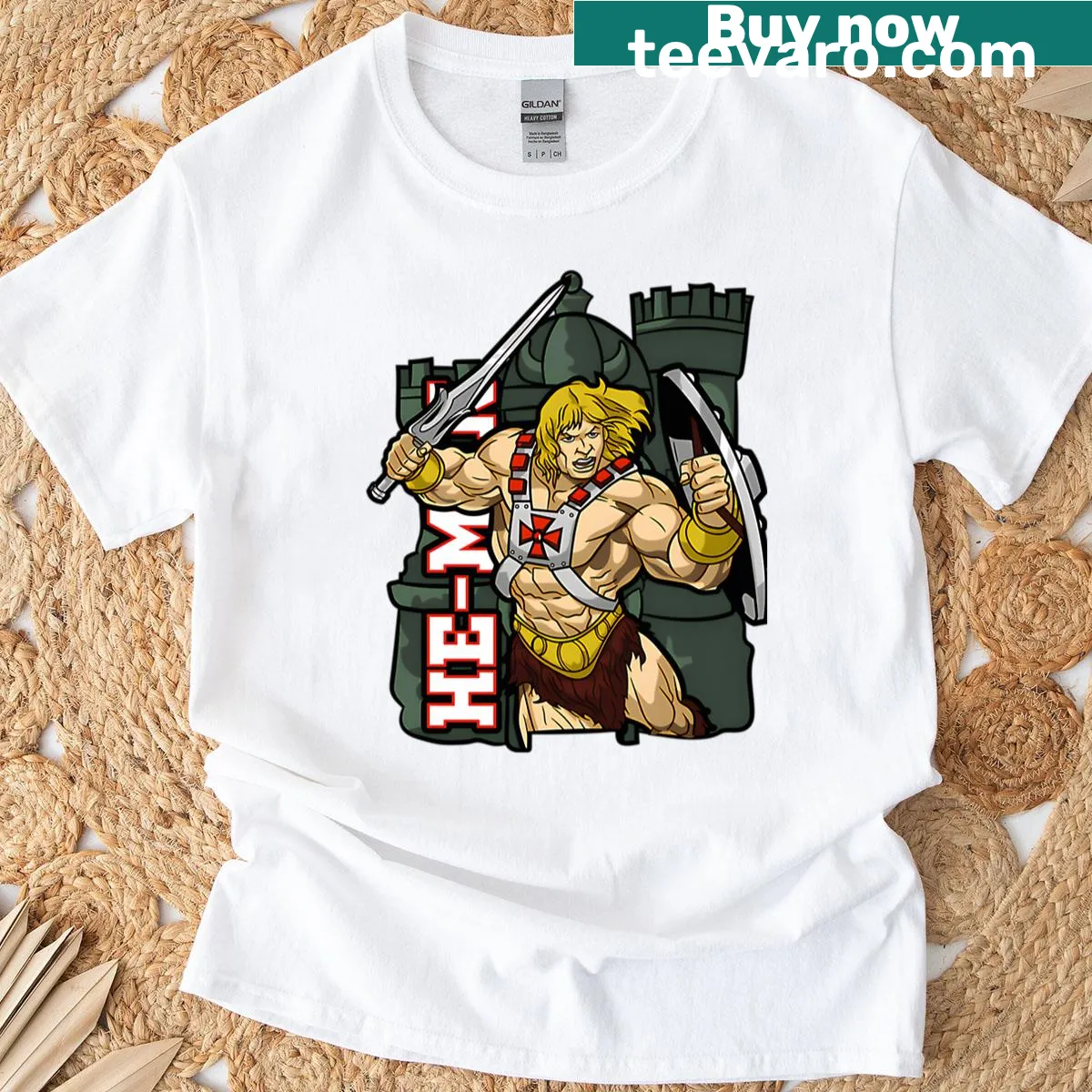 Vintage-style 80s movies fan t-shirt with cartoon graphics and baseball sleeves — on a men's t-shirt