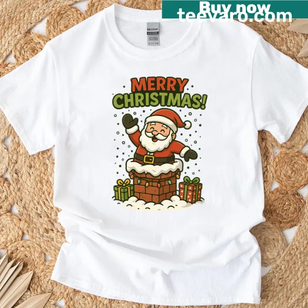 Santa Claus cartoon stuck in a chimney on Christmas shirt