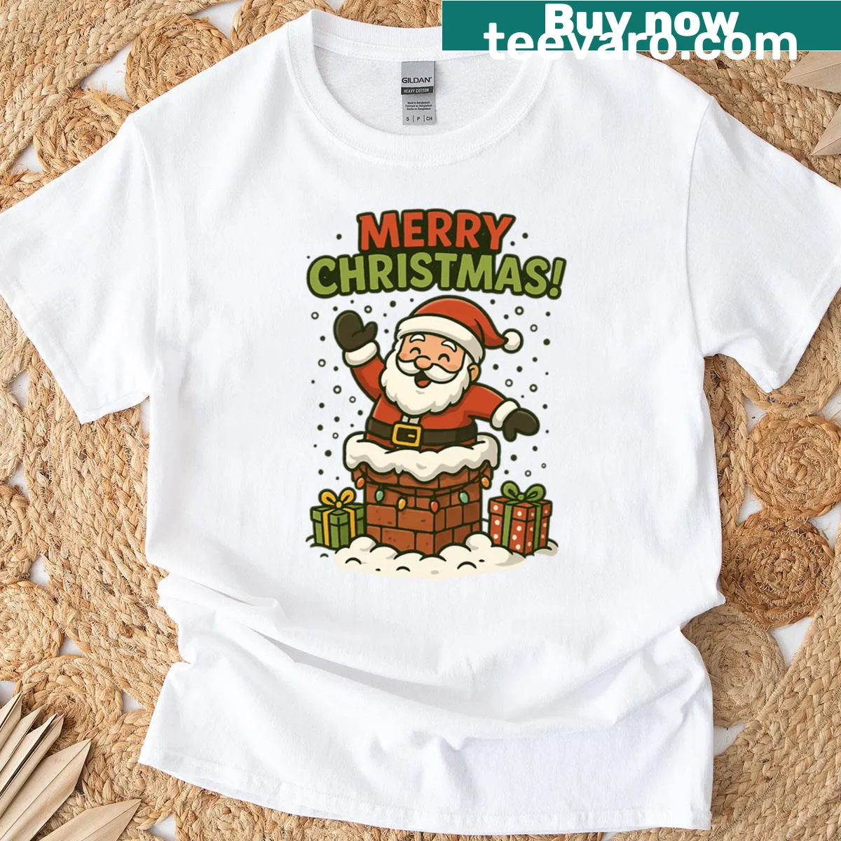 Santa Claus cartoon stuck in a chimney on Christmas shirt — on a men's t-shirt