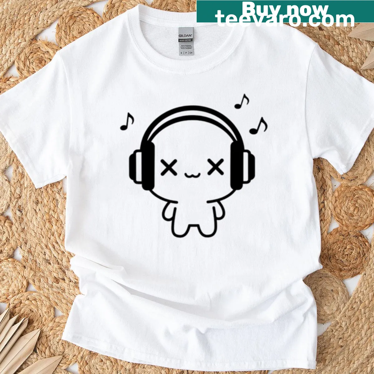 Minimalist T-shirt featuring a character design of headphones. — on a men's t-shirt