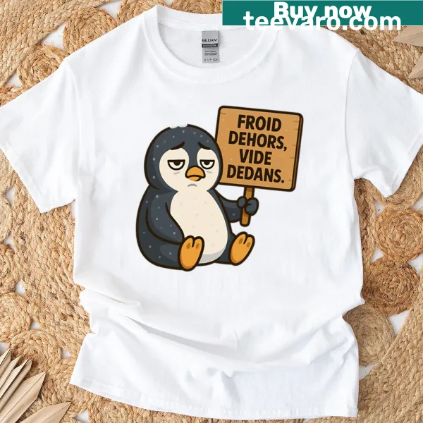 Cute penguin illustration with 'Cold Outside Empty Inside' text