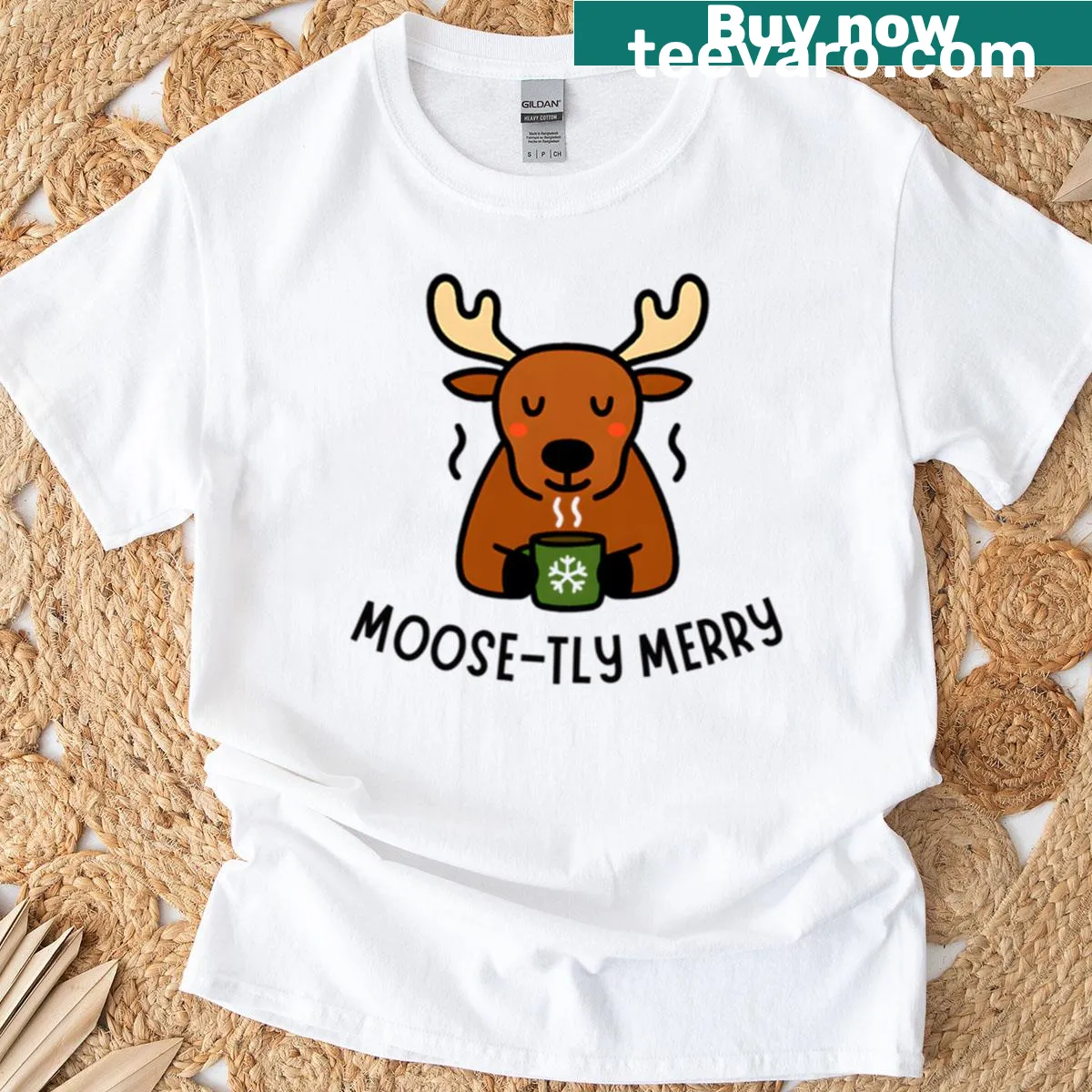 Minimalist graphic of a moose sipping a drink in a holiday theme — on a men's t-shirt