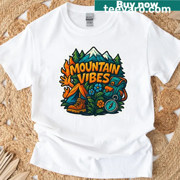 Cartoon illustration of mountain vibes on a t-shirt
