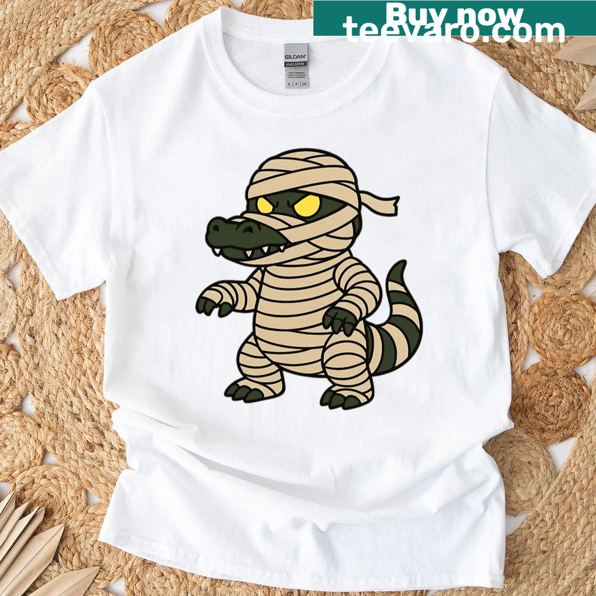Crocodile in bandages graphic Halloween T-shirt — on a men's t-shirt