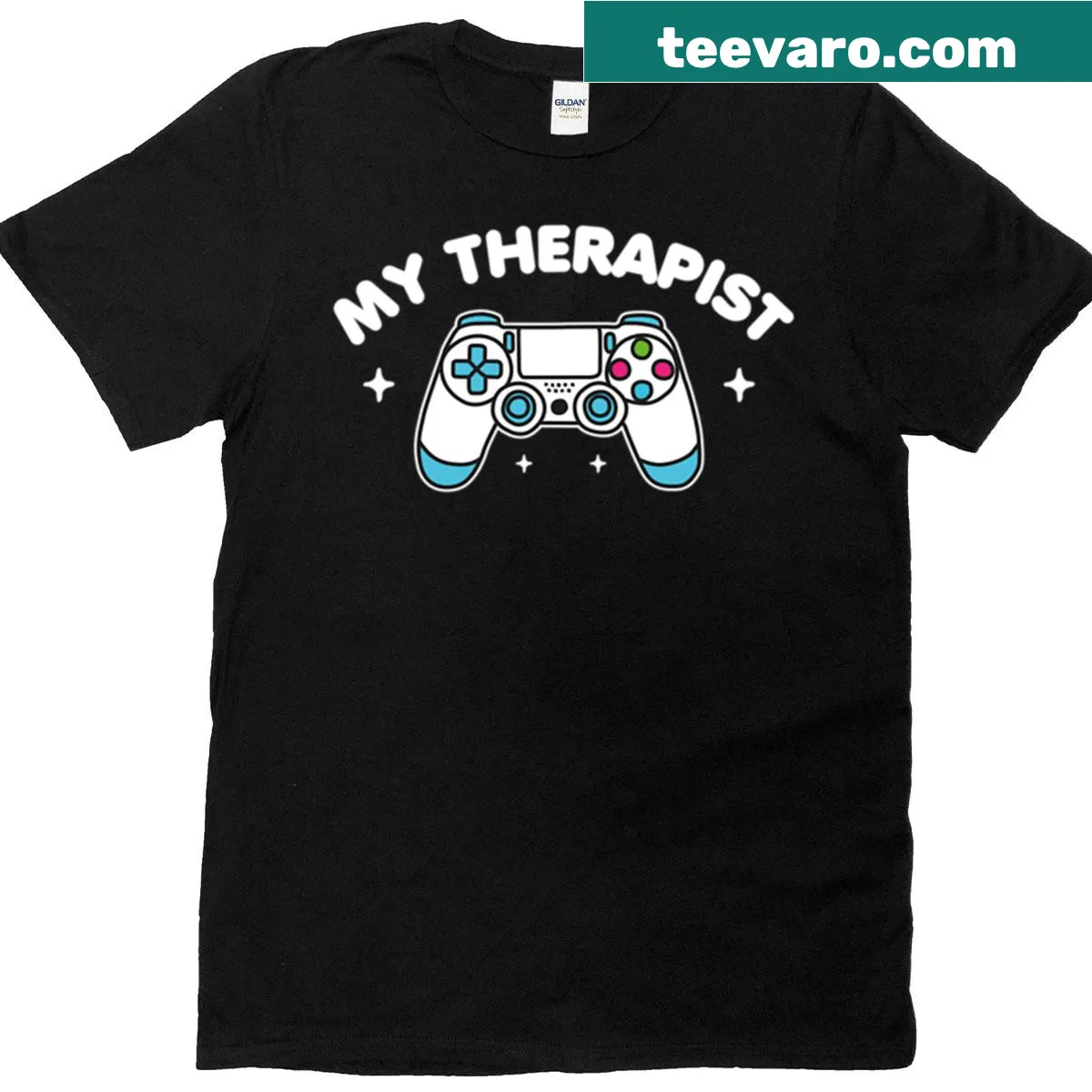 Funny t-shirt with text 'My Therapist is a Gamer' — on a men's t-shirt