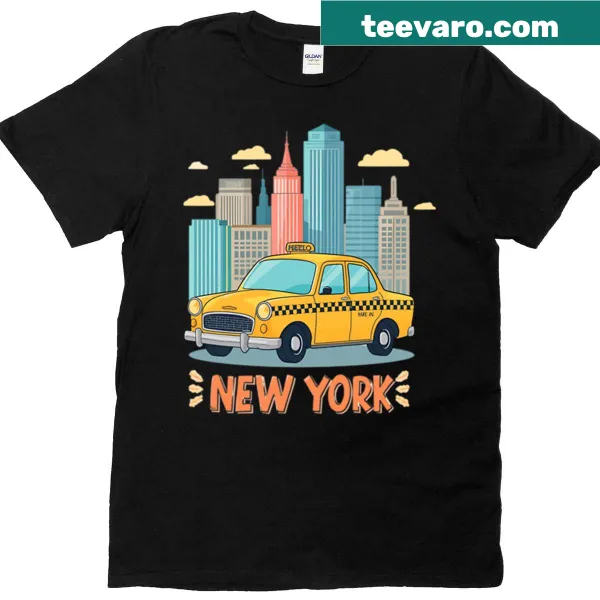 Cartoon NYC skyline with a yellow taxi on an oversized t-shirt