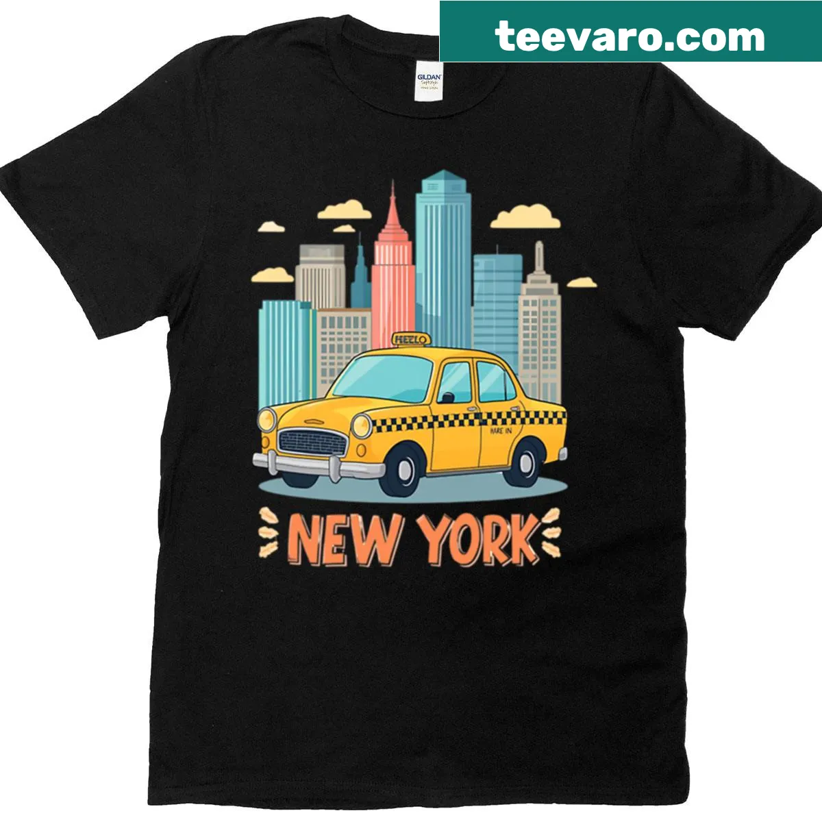 Cartoon NYC skyline with a yellow taxi on an oversized t-shirt — on a men's t-shirt