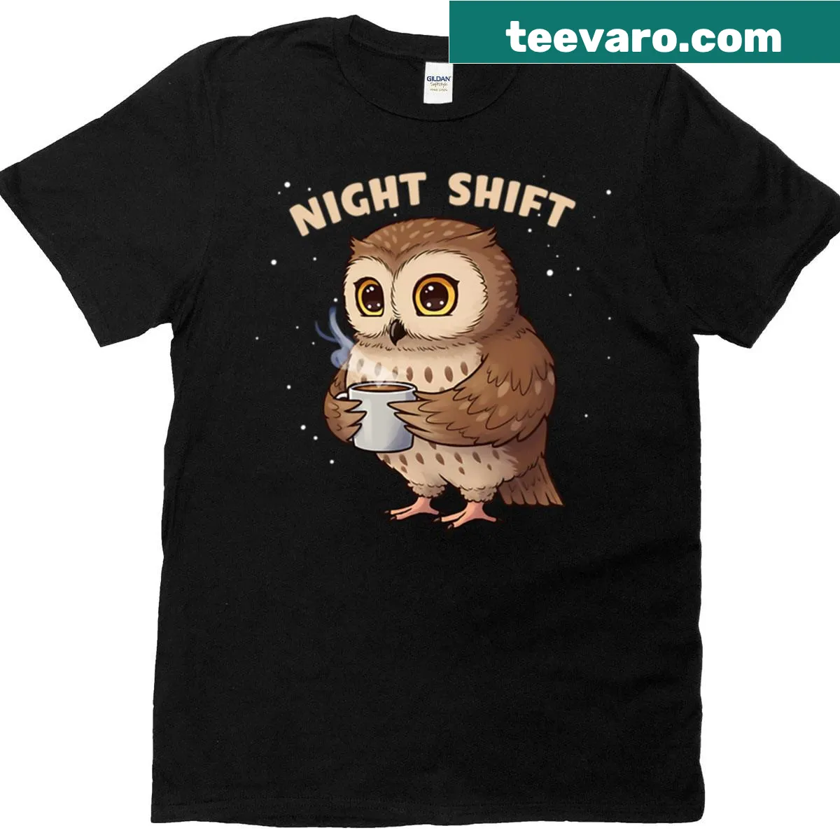 Cute T-shirt with an owl drinking coffee illustration — on a men's t-shirt