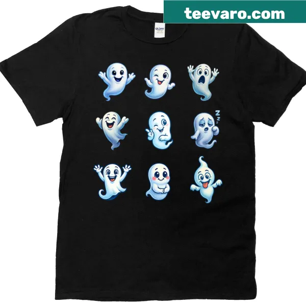 Cute graphic tee featuring nine playful ghosts
