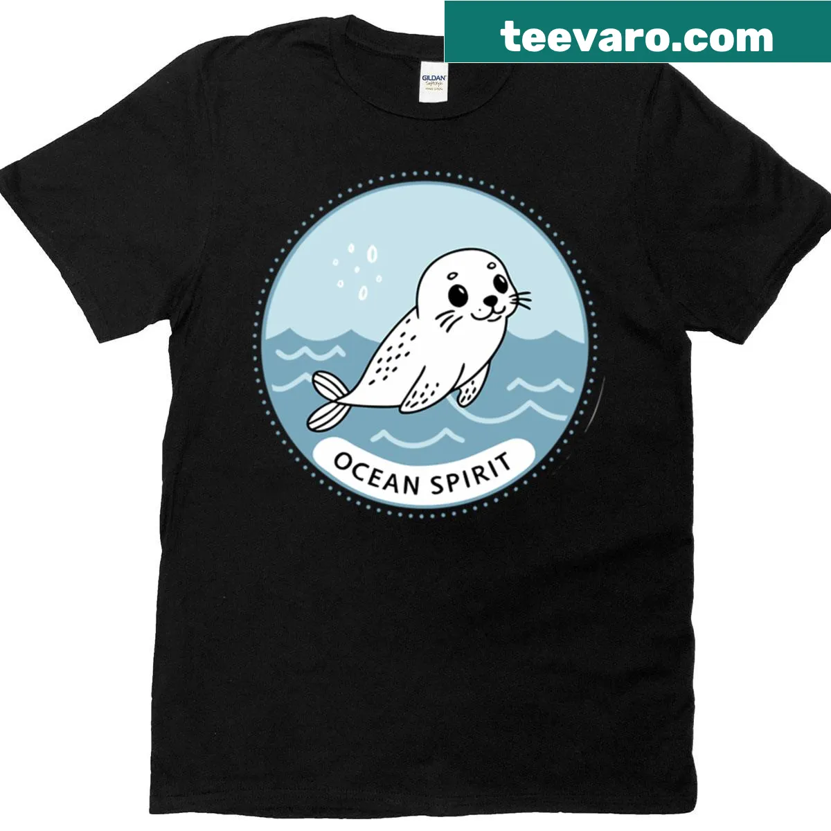 Minimalist line art of a harp seal pup on a badge-style t-shirt — on a men's t-shirt