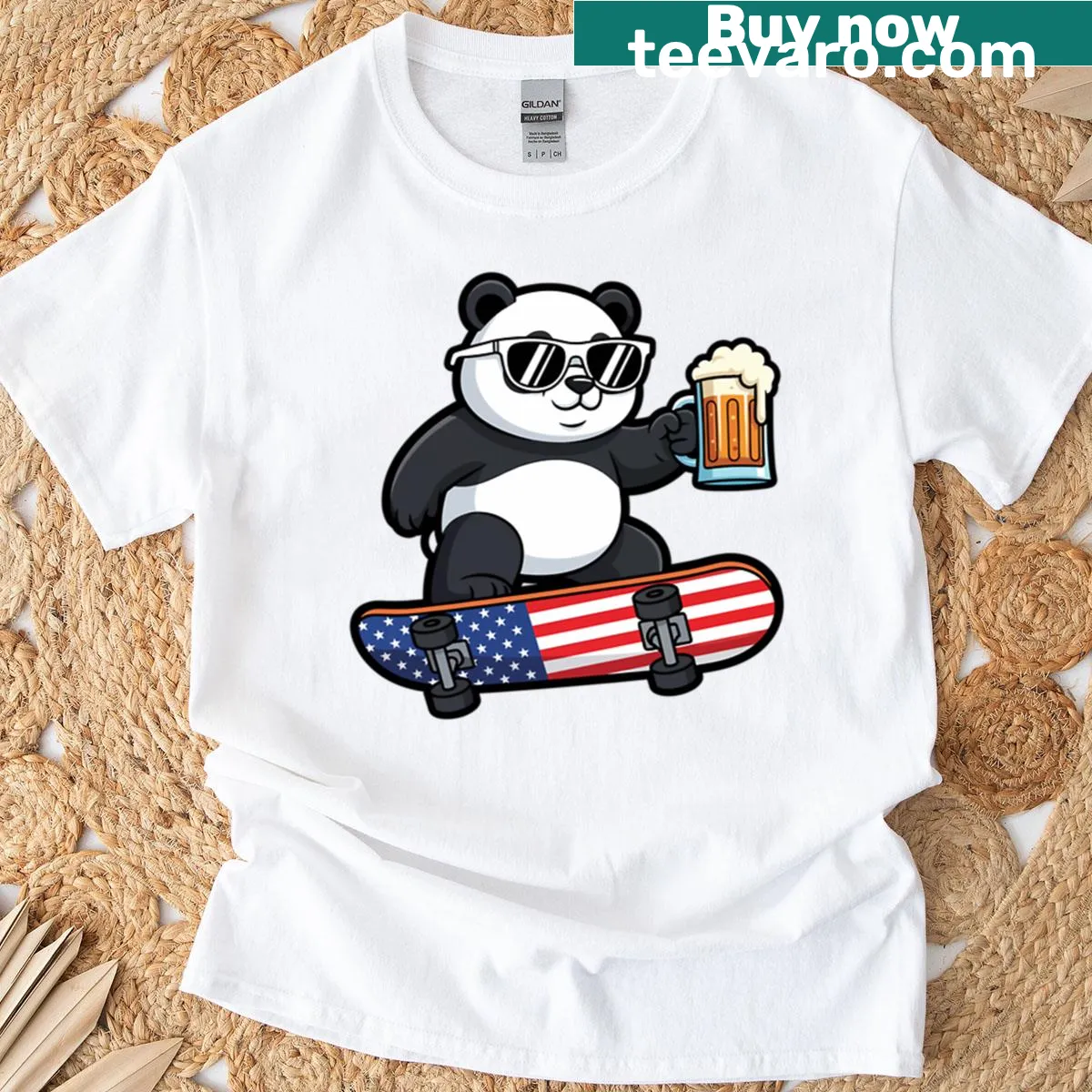 Humorous t-shirt featuring a panda on a skateboard drinking beer — on a men's t-shirt