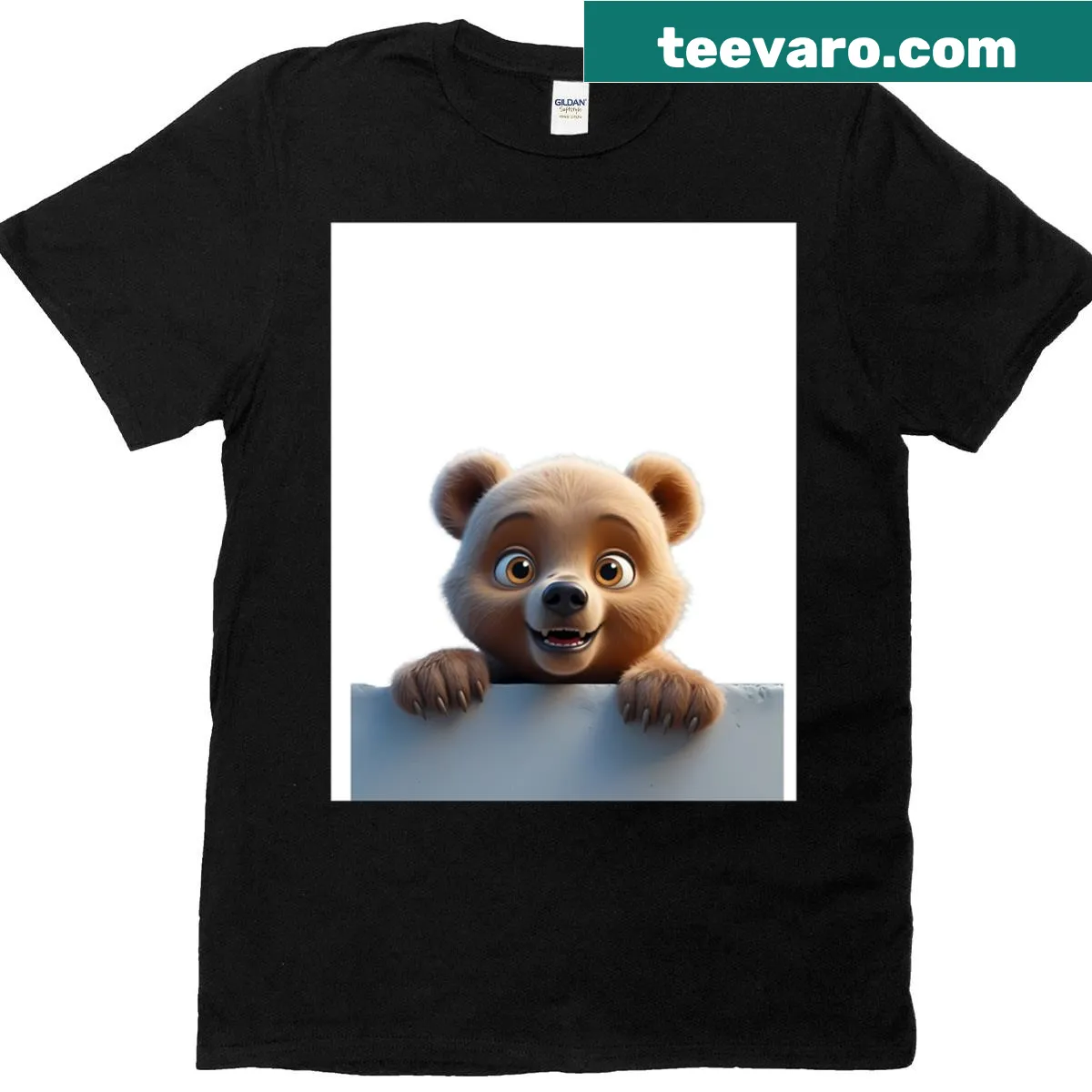 Graphic t-shirt featuring a cute bear peeking out playfully — on a men's t-shirt