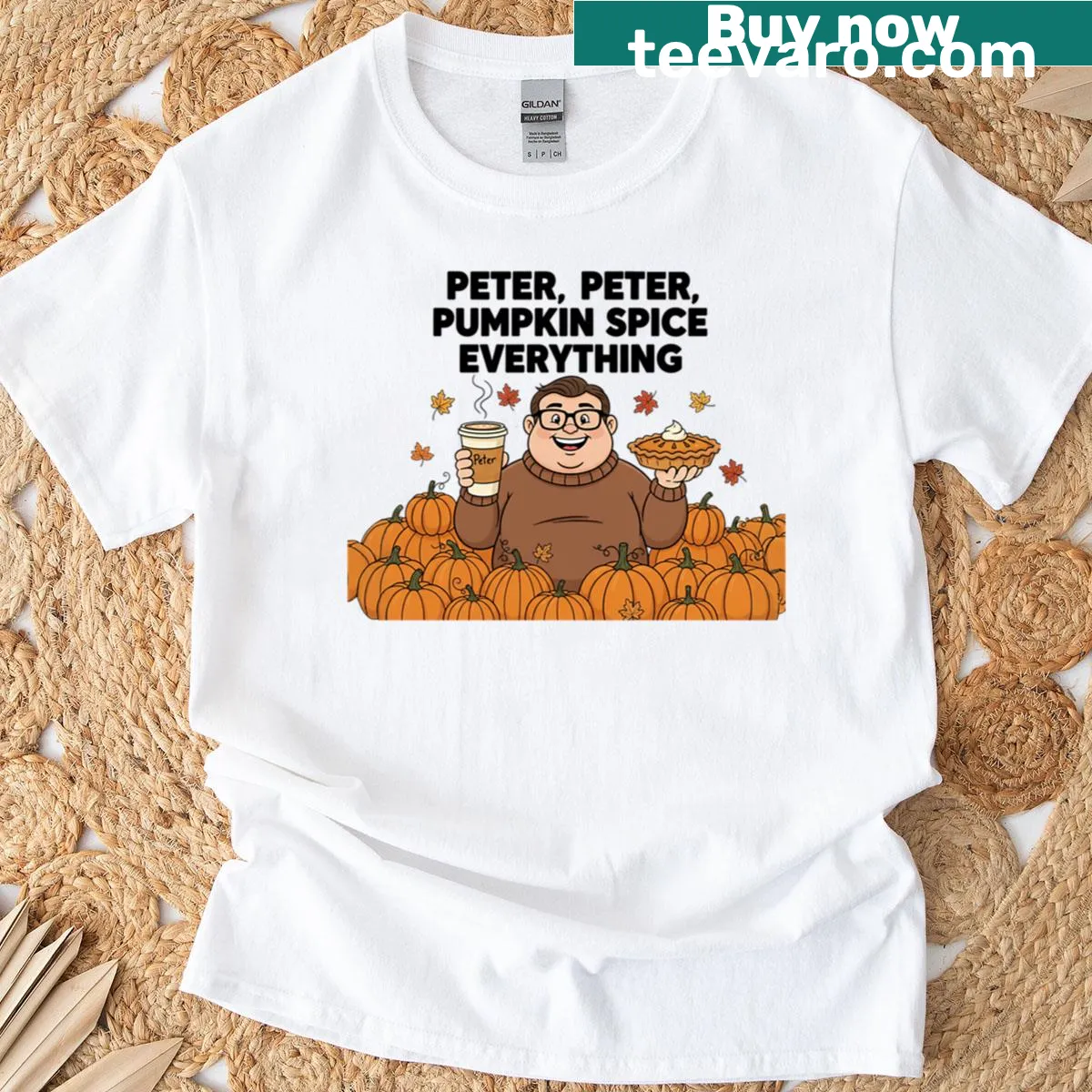 Funny pumpkin spice graphic text on an oversized t-shirt — on a men's t-shirt