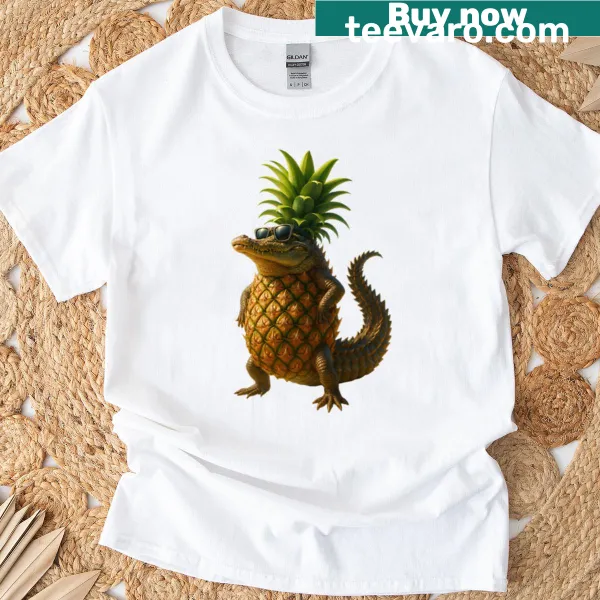 Illustration of a crocodile wearing a pineapple on a t-shirt