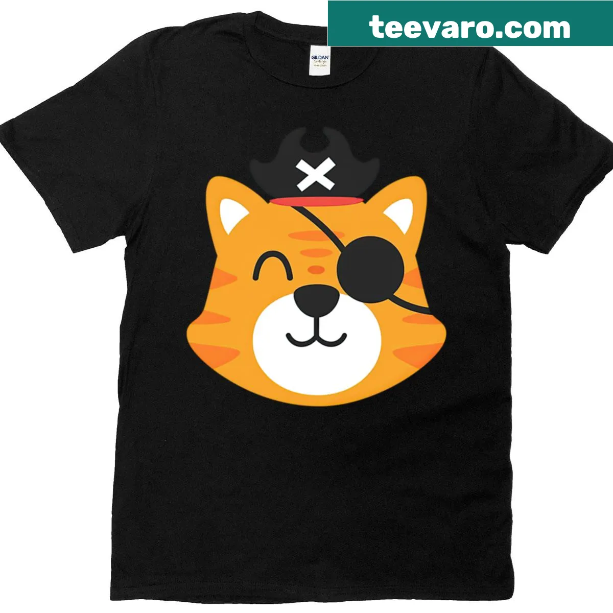 Cartoon cat wearing an eye patch on a pirate-themed T-shirt — on a men's t-shirt