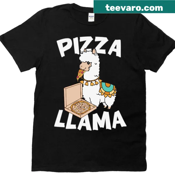 Funny t-shirt with a cute llama eating pizza