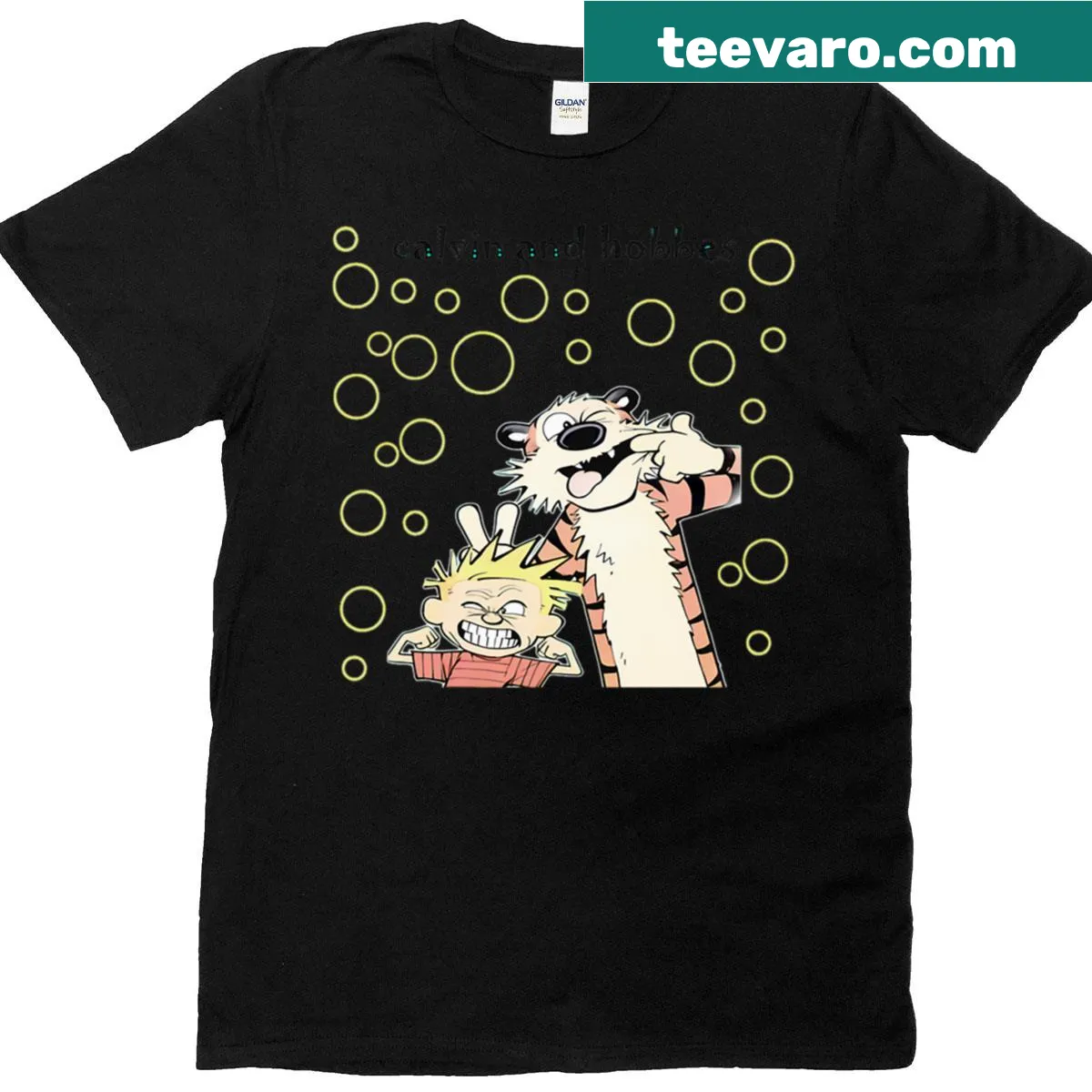 Calvin and Hobbes playful duo design on a limited edition t-shirt — on a men's t-shirt