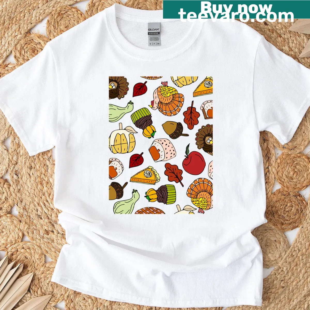 Whimsical fall harvest pattern printed on a t-shirt — on a men's t-shirt