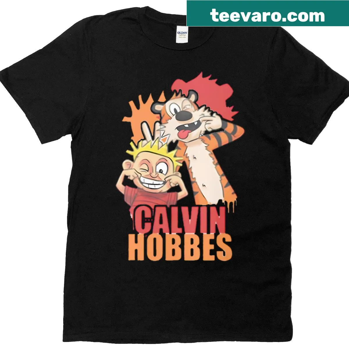 Limited edition T-shirt featuring silly faces of Calvin and Hobbes — on a men's t-shirt