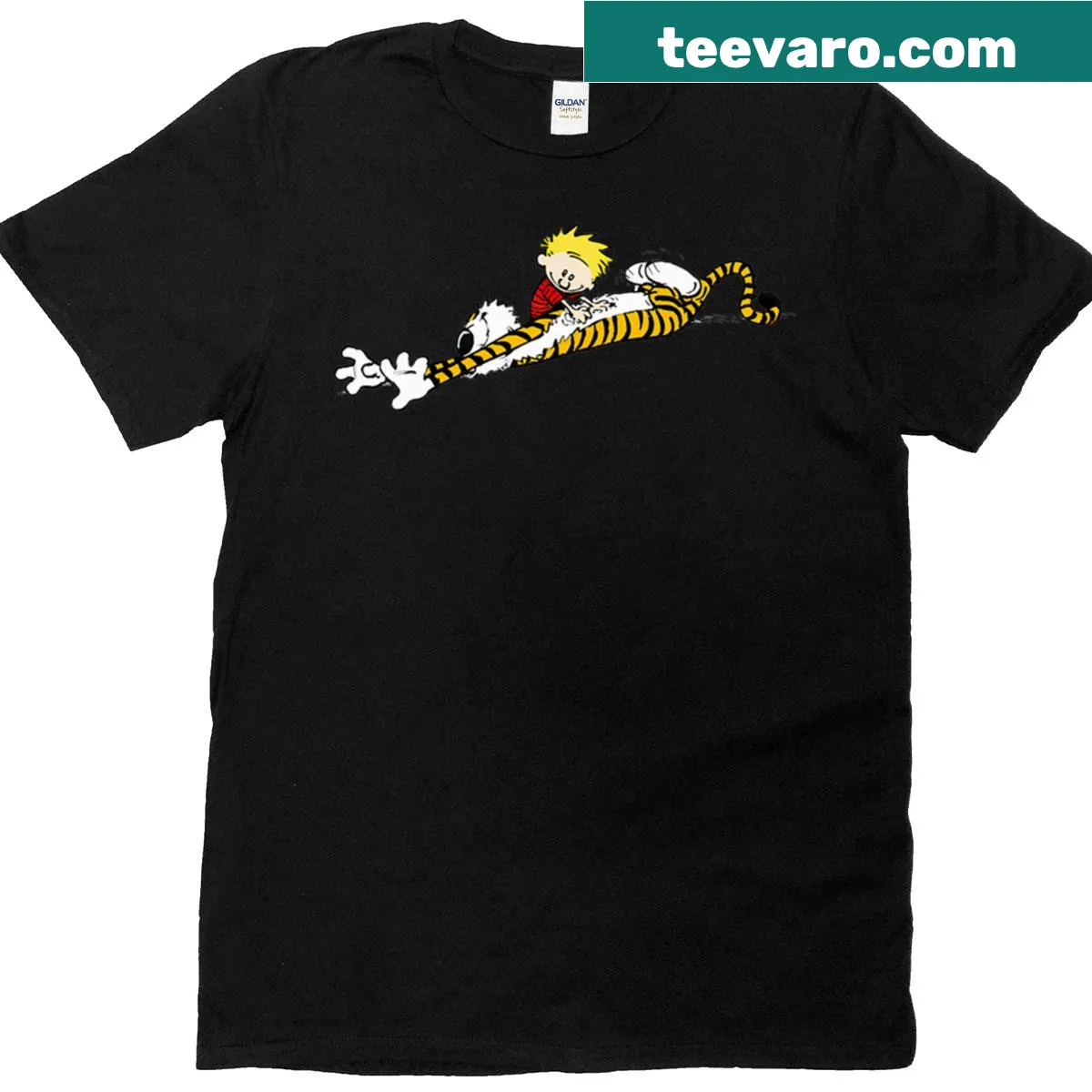 Illustration of a playful tiger with a boy on a T-shirt. — on a men's t-shirt