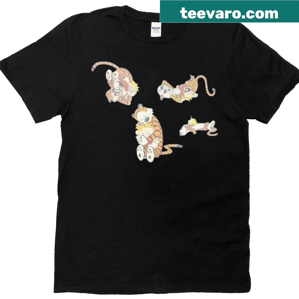 Illustrated t-shirt featuring a boy hugging a playful tiger — on a men's t-shirt