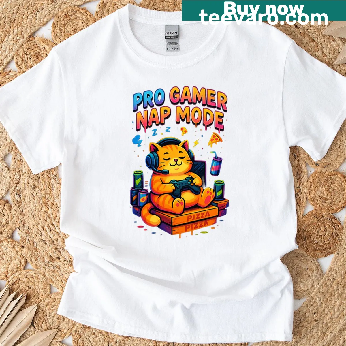 Cartoon cat sleeping in nap mode graphic for gamers — on a men's t-shirt
