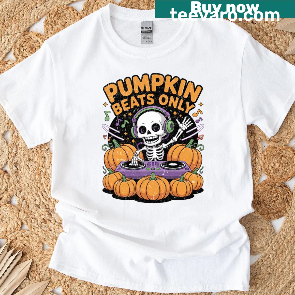 Skeleton DJ with pumpkins Halloween party music t-shirt — on a men's t-shirt