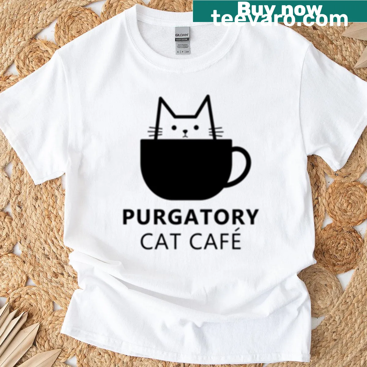 Illustrative graphic of cats in a cafe setting — on a men's t-shirt