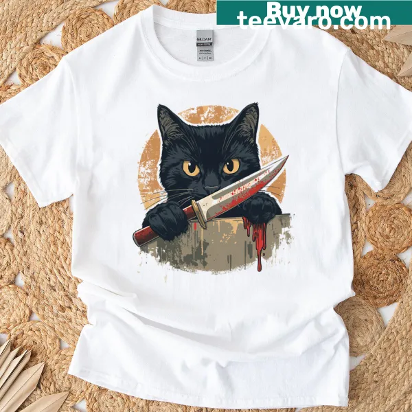 Black cat with knife Halloween t-shirt featuring dark humor illustration