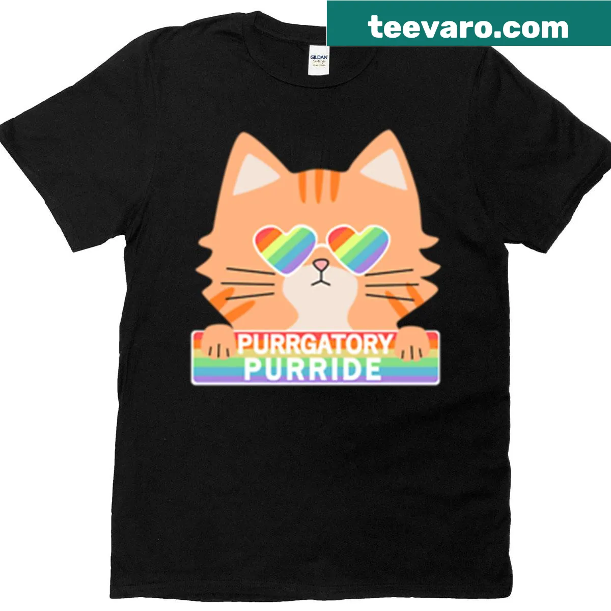 Illustrated cat in a whimsical paradise design on a t-shirt — on a men's t-shirt