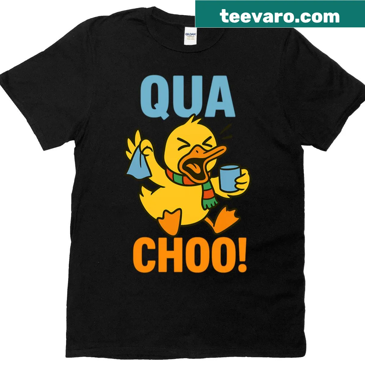 Cartoon duck with a sneezy expression on a kids' T-shirt. — on a men's t-shirt