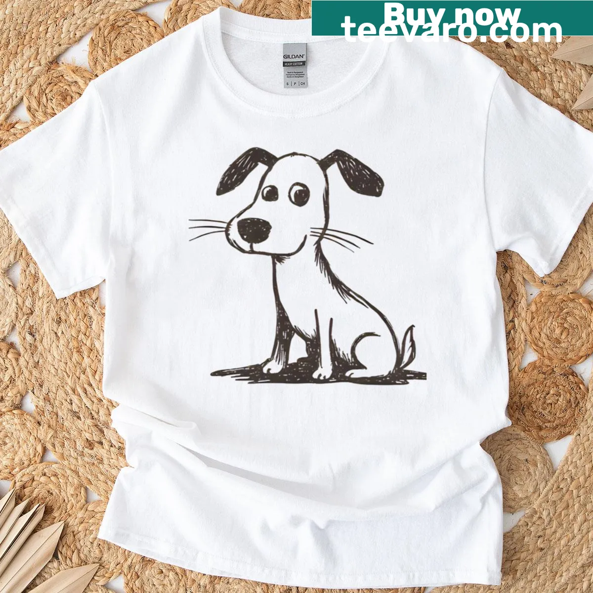 T-shirt featuring a quirky hand-drawn puppy illustration — on a men's t-shirt